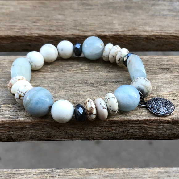 PAVE DIAMOND Sterling Aquamarine Stretch Bracelet - Picture 2 of 5